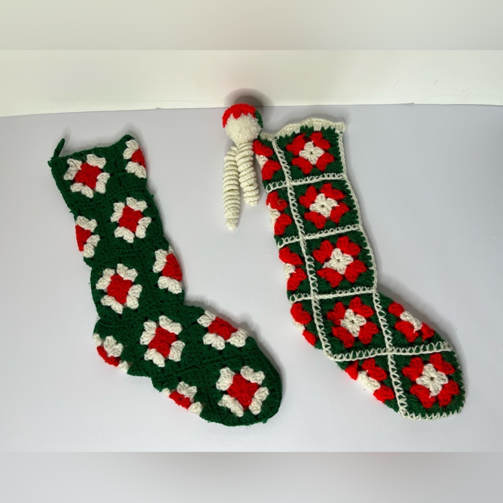 Crocheted Granny Square Pattern 20" Christmas Stocking Green Red White Set of 2